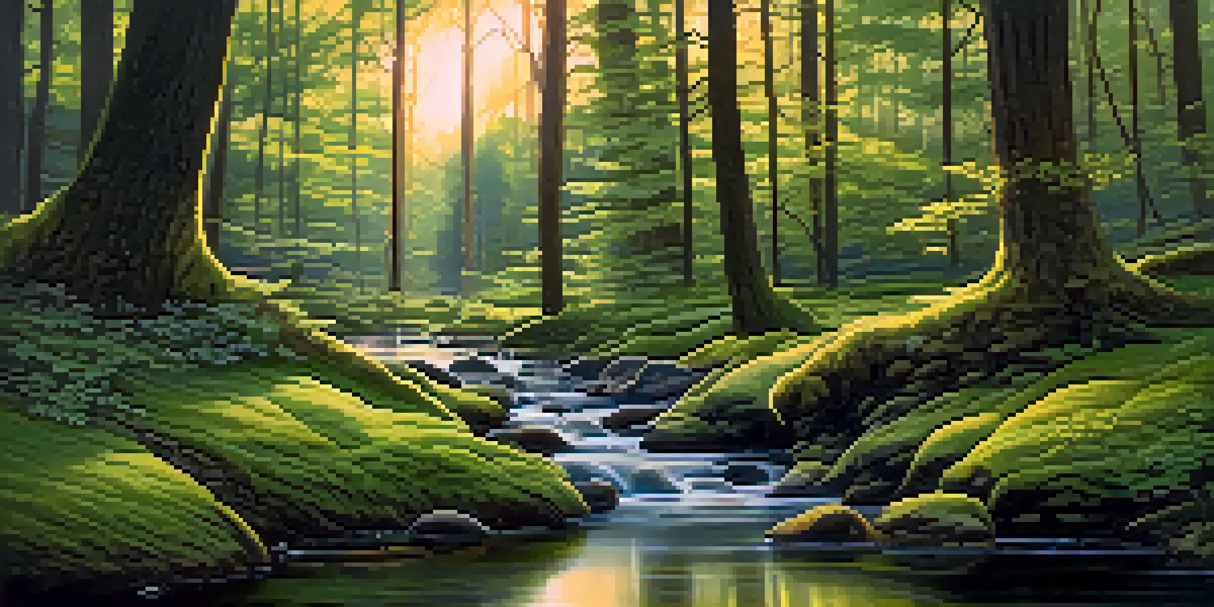 A peaceful forest scene at dawn with sunlight, trees, and a small stream.