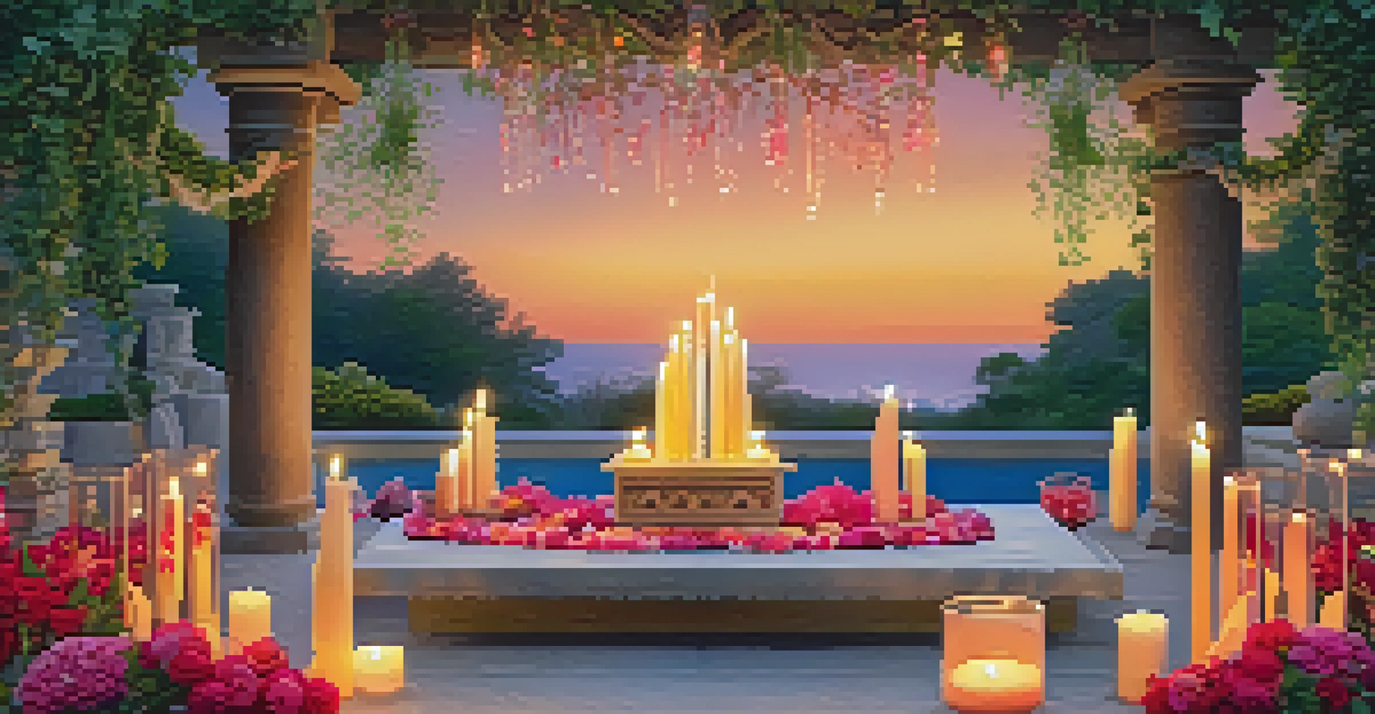 A beautifully arranged outdoor altar with candles, crystals, and flowers, set against a colorful sunset sky.