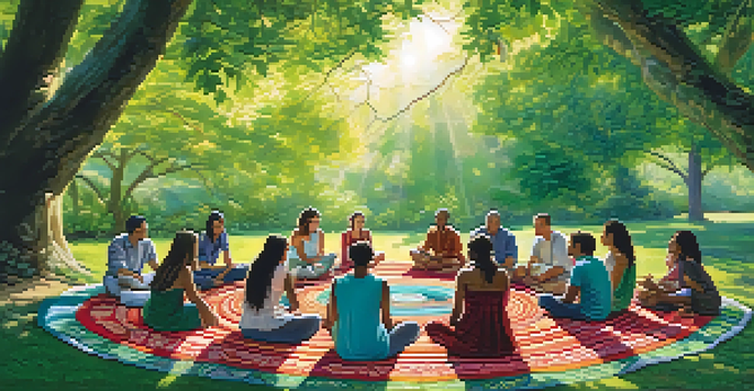 A group of people sitting in a circle on colorful blankets in a lush outdoor setting, engaged in conversation under trees.