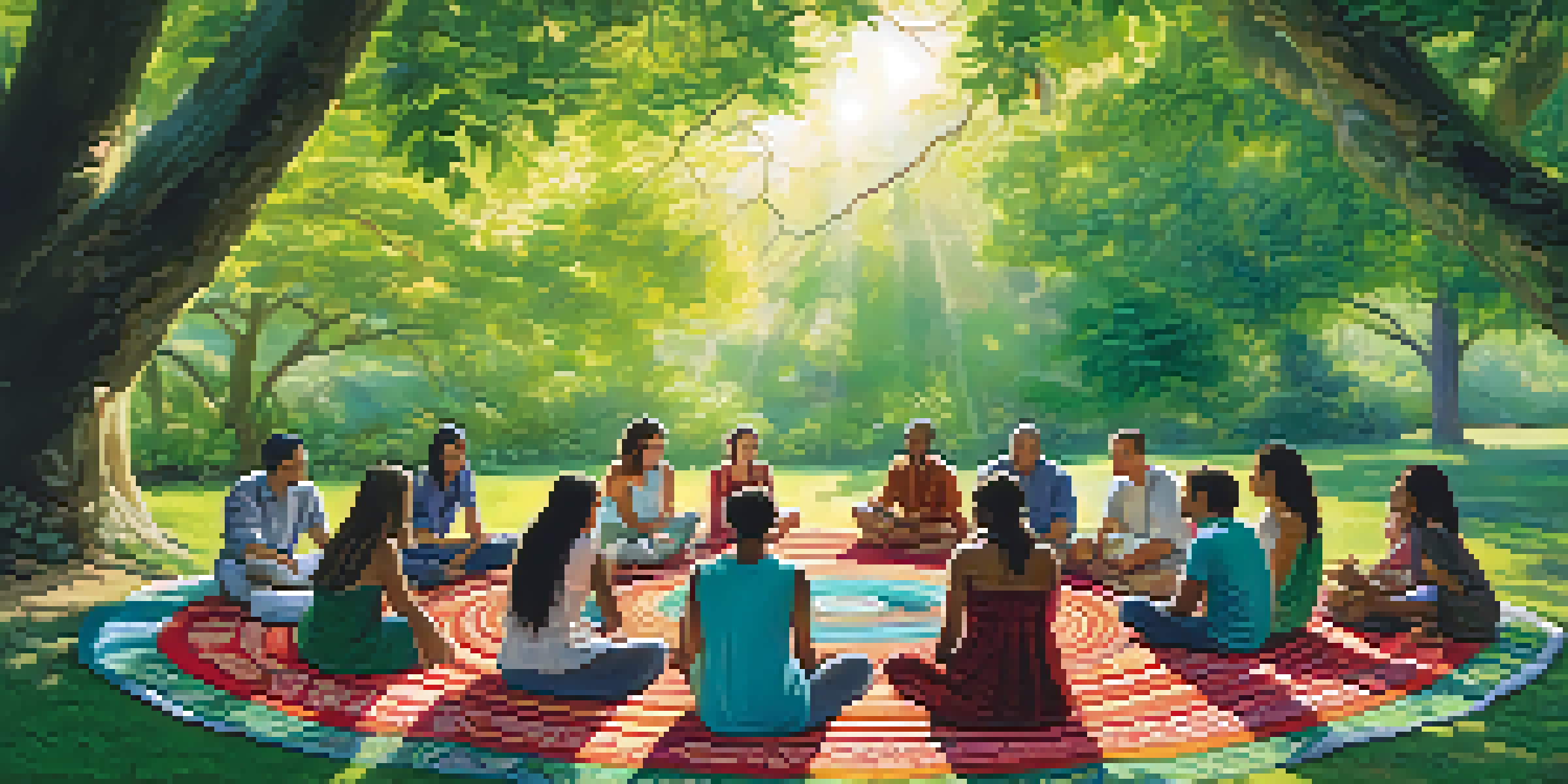 A group of people sitting in a circle on colorful blankets in a lush outdoor setting, engaged in conversation under trees.