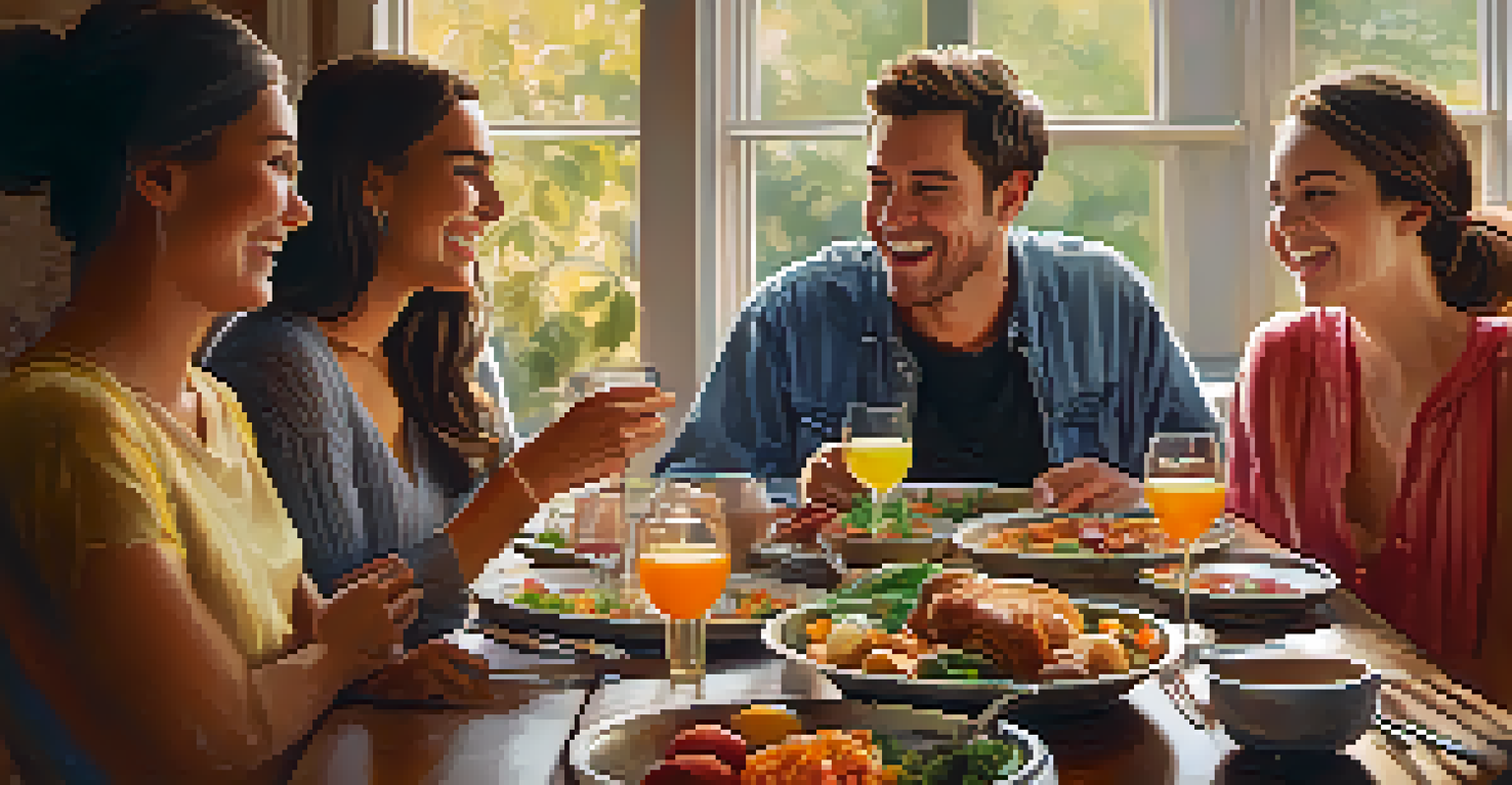 A group of friends enjoying a meal together around a table, smiling and laughing in a warm, inviting indoor space.