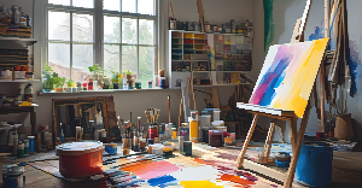 An artist's studio with a colorful canvas, paints, and brushes illuminated by natural light.