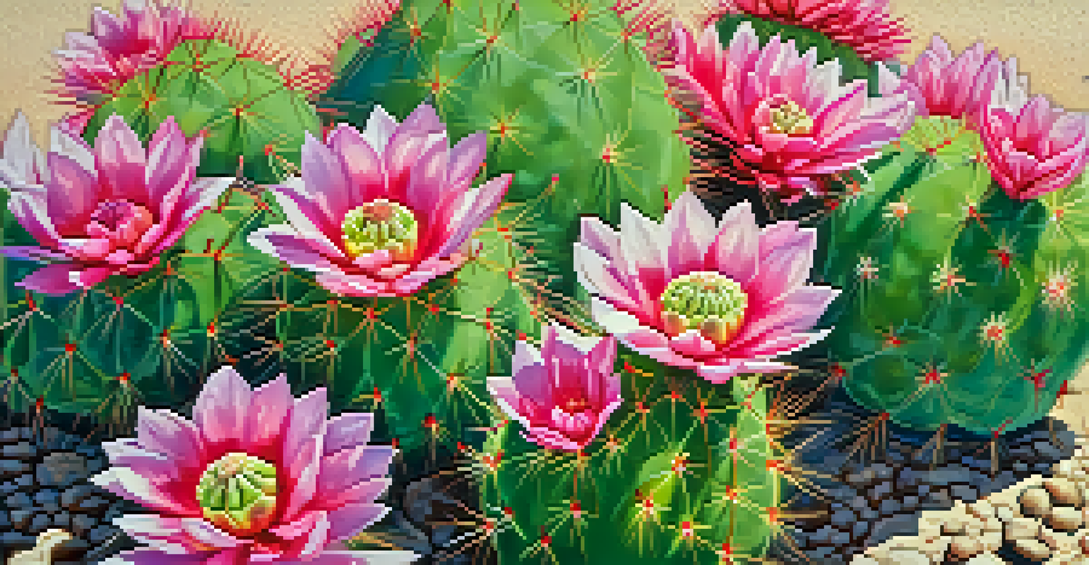 A close-up view of a peyote cactus with pink flowers against a desert backdrop.