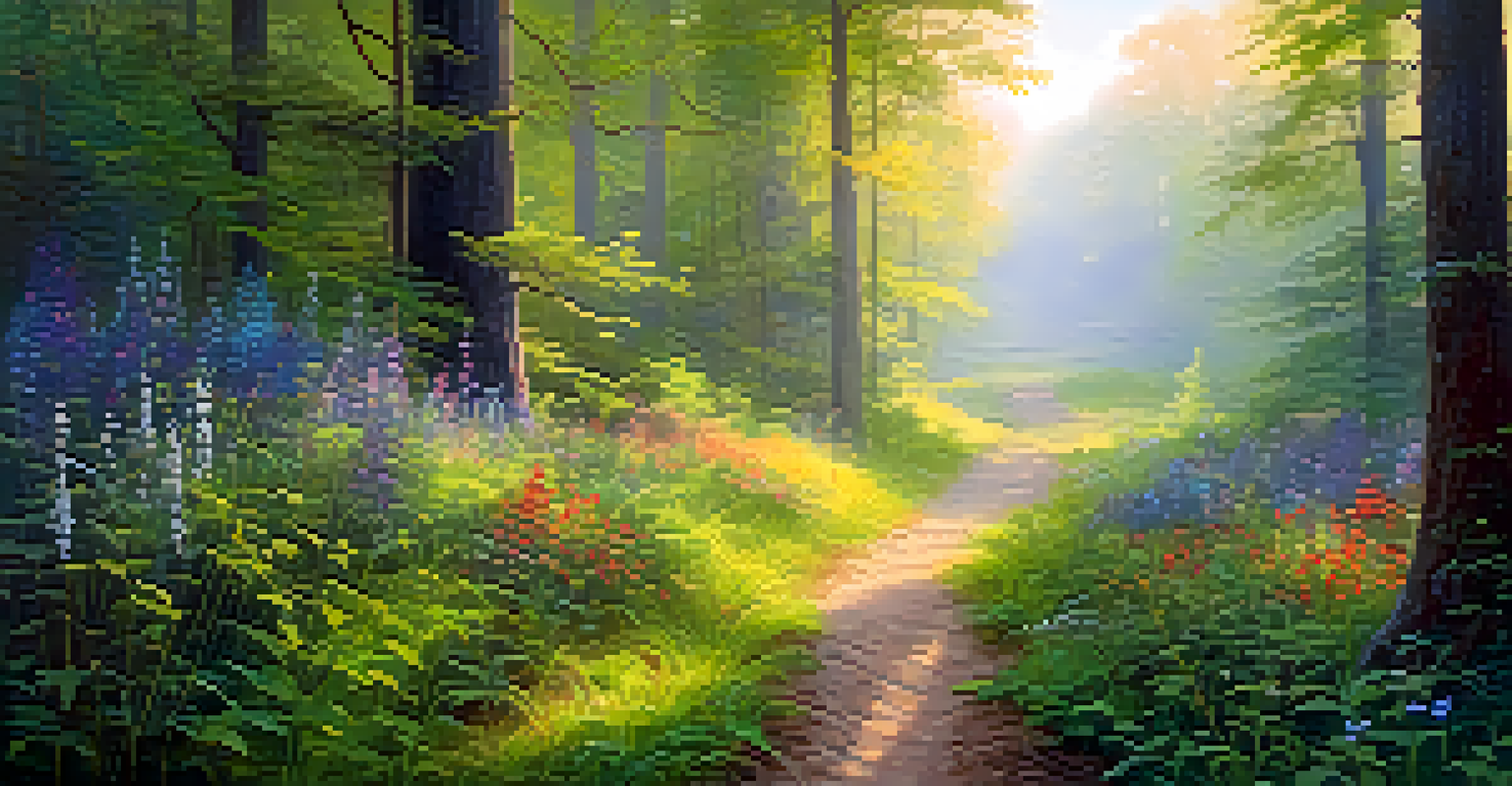 A tranquil forest at dawn with golden light, green foliage, wildflowers, and a misty path.