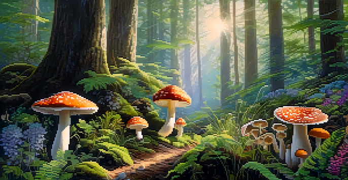 A peaceful forest with diverse plants and mushrooms, illuminated by sunlight filtering through the trees.