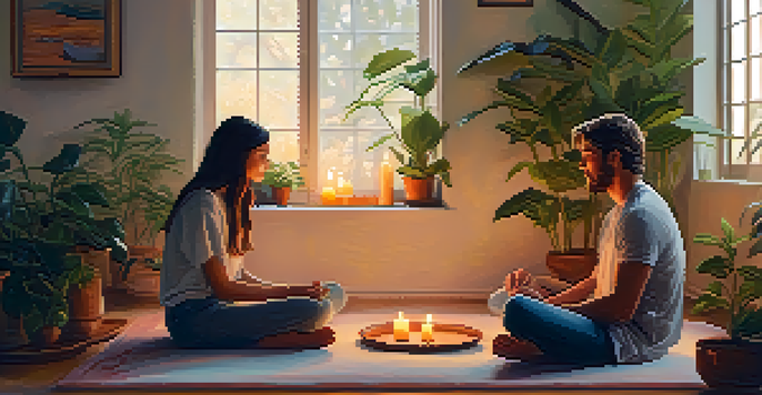 A cozy indoor space with two partners sitting on a rug, having a deep conversation surrounded by plants and candles.