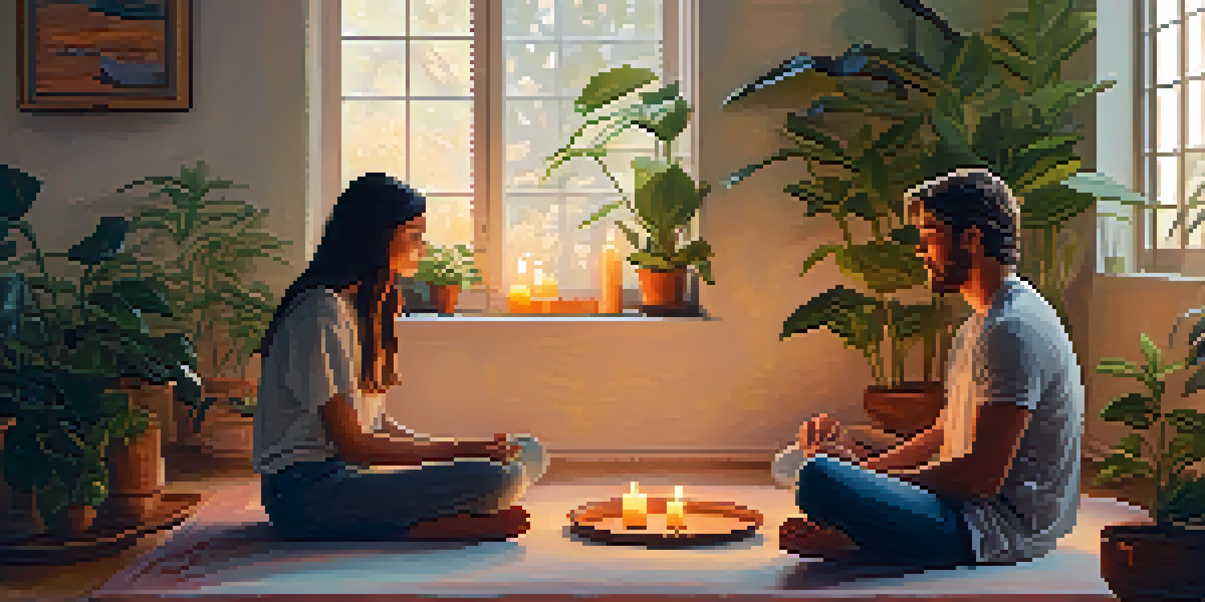 A cozy indoor space with two partners sitting on a rug, having a deep conversation surrounded by plants and candles.