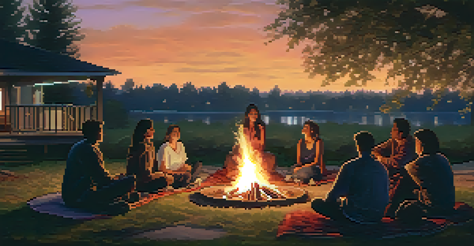 A group of people sitting around a bonfire at dusk, illuminated by warm firelight, creating a cozy and inviting atmosphere.