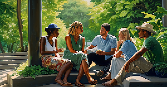 A diverse group of individuals engaged in a respectful discussion in a lush green outdoor setting, with sunlight filtering through the trees.