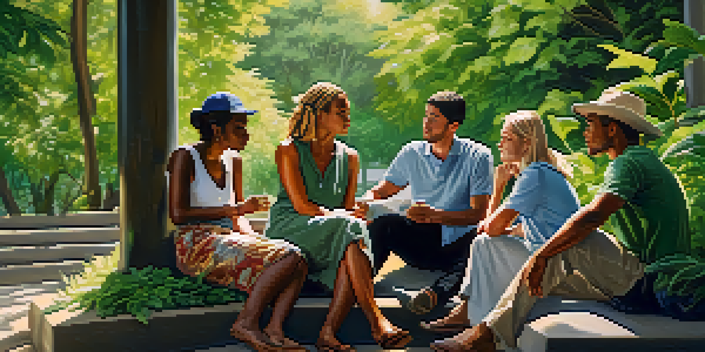 A diverse group of individuals engaged in a respectful discussion in a lush green outdoor setting, with sunlight filtering through the trees.