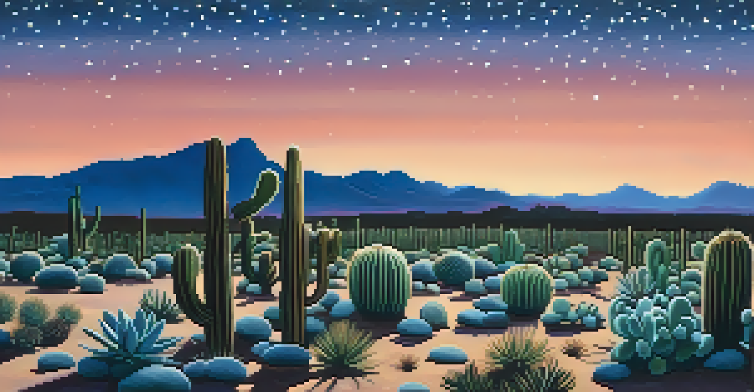 A peaceful field of peyote cactus under a twilight sky with stars, featuring a calm setting and gentle shadows.