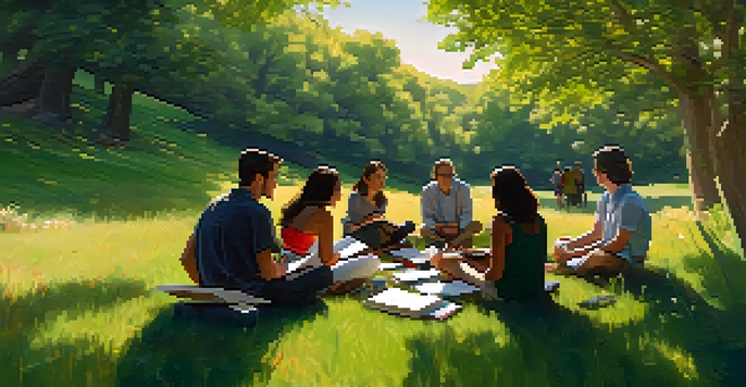 A diverse group of professionals sitting in a circle outdoors, engaged in conversation under the sunlight, surrounded by greenery and wildflowers.