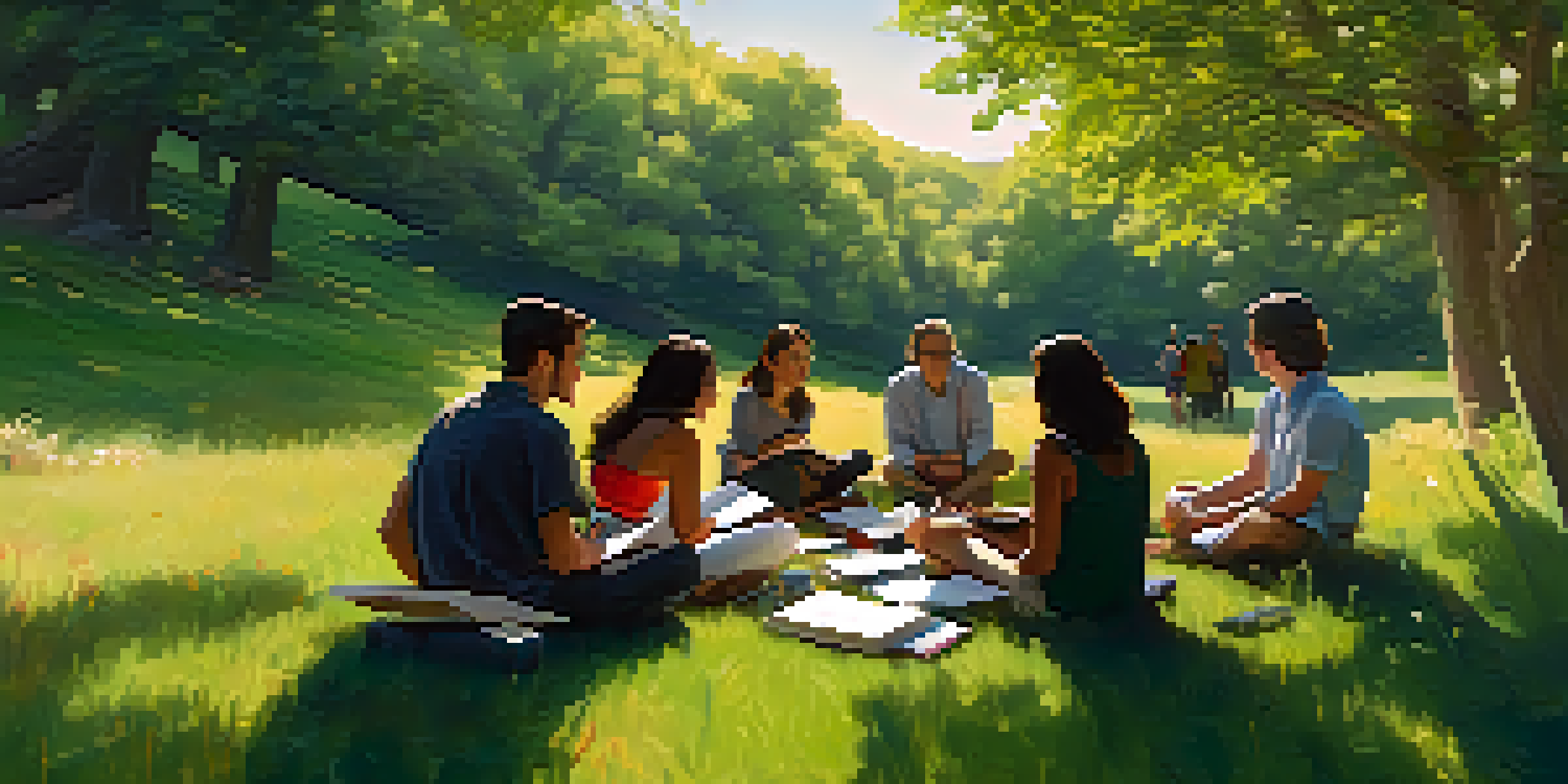 A diverse group of professionals sitting in a circle outdoors, engaged in conversation under the sunlight, surrounded by greenery and wildflowers.