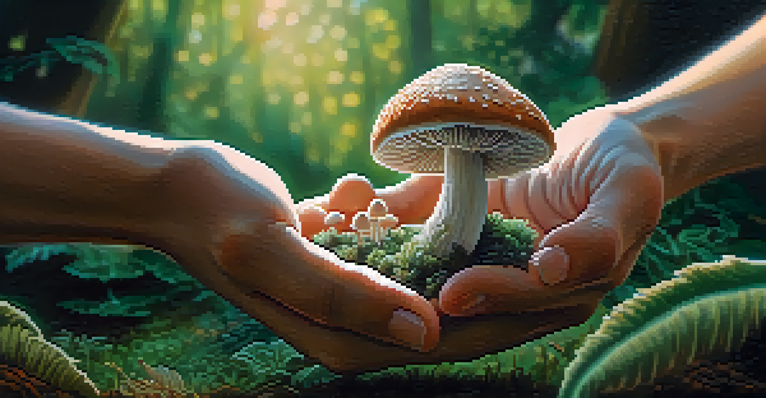 Close-up of hands holding a psilocybin mushroom against a blurred green foliage background.