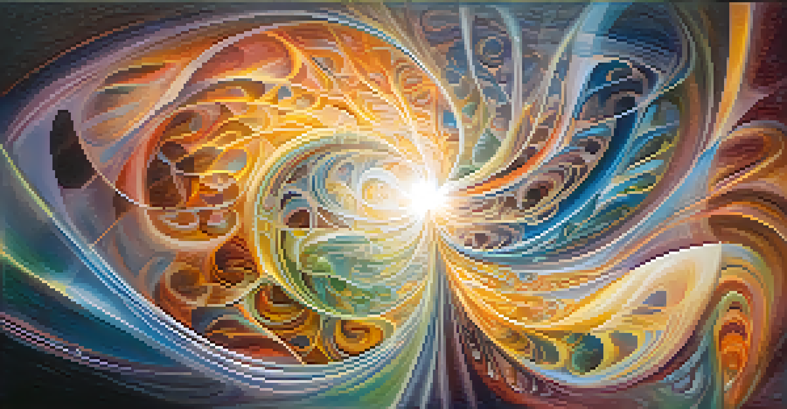 An abstract image showcasing swirling colors and light beams, representing a mystical experience.