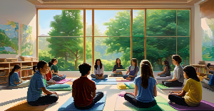 A peaceful classroom with students practicing mindfulness meditation, surrounded by colorful cushions and a view of a green garden outside.