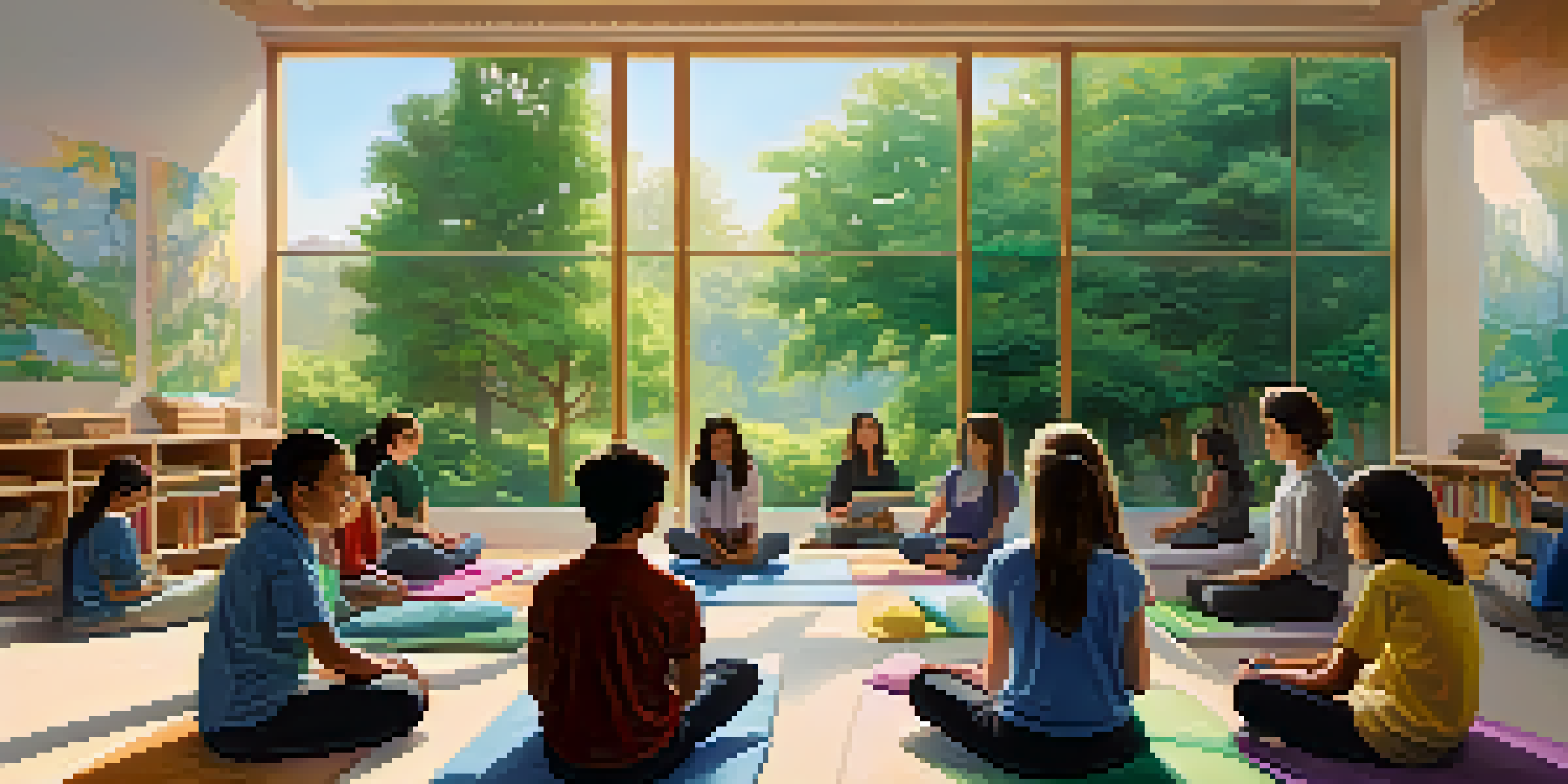 A peaceful classroom with students practicing mindfulness meditation, surrounded by colorful cushions and a view of a green garden outside.