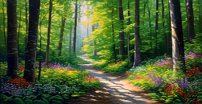 A peaceful forest with sunlight shining through the trees and a winding path leading deeper into the greenery, surrounded by colorful wildflowers.