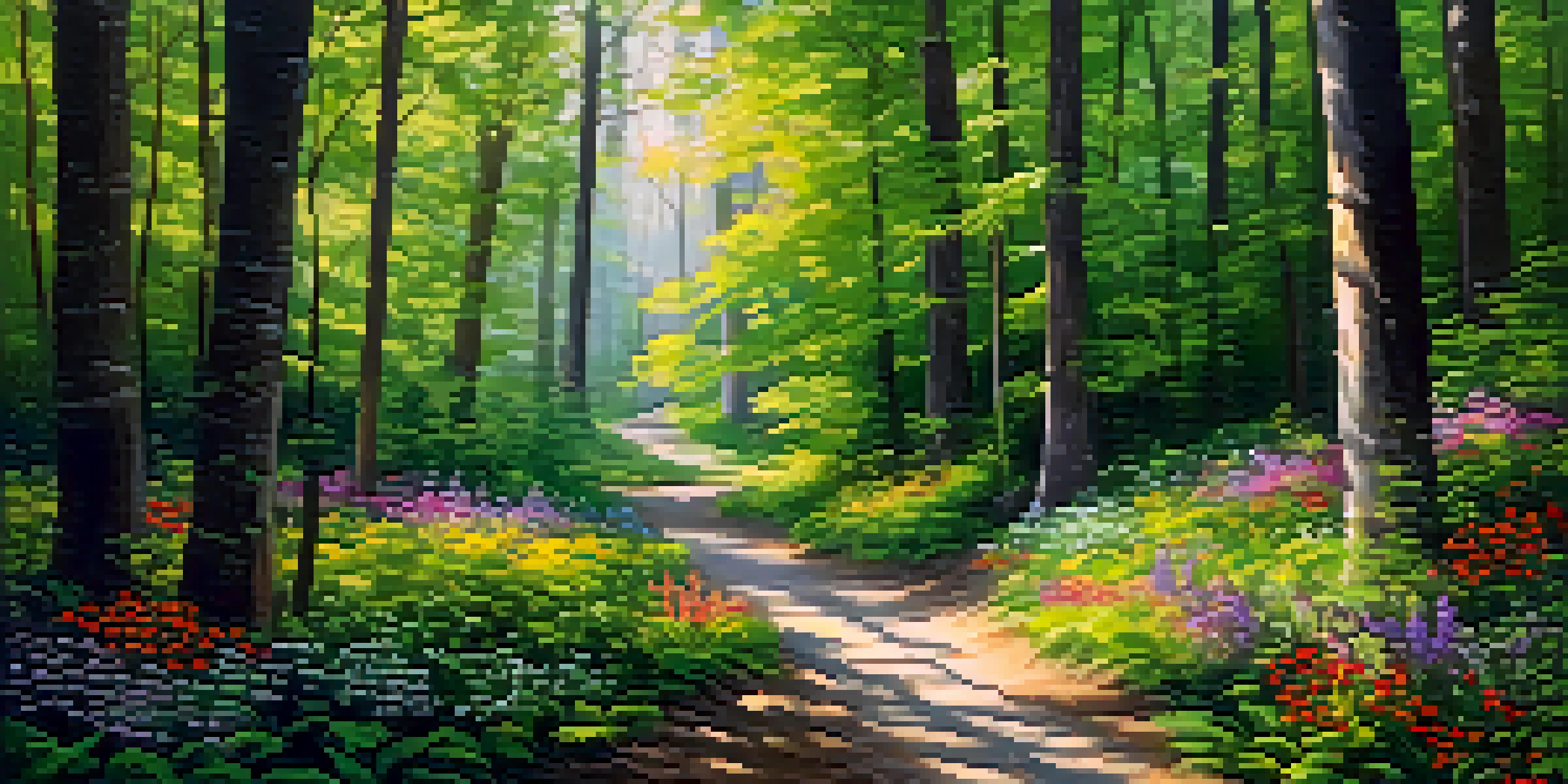 A peaceful forest with sunlight shining through the trees and a winding path leading deeper into the greenery, surrounded by colorful wildflowers.