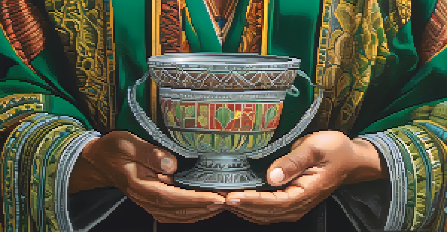 Close-up of hands holding a ceremonial cup with plant medicine, surrounded by blurred greenery in the background.