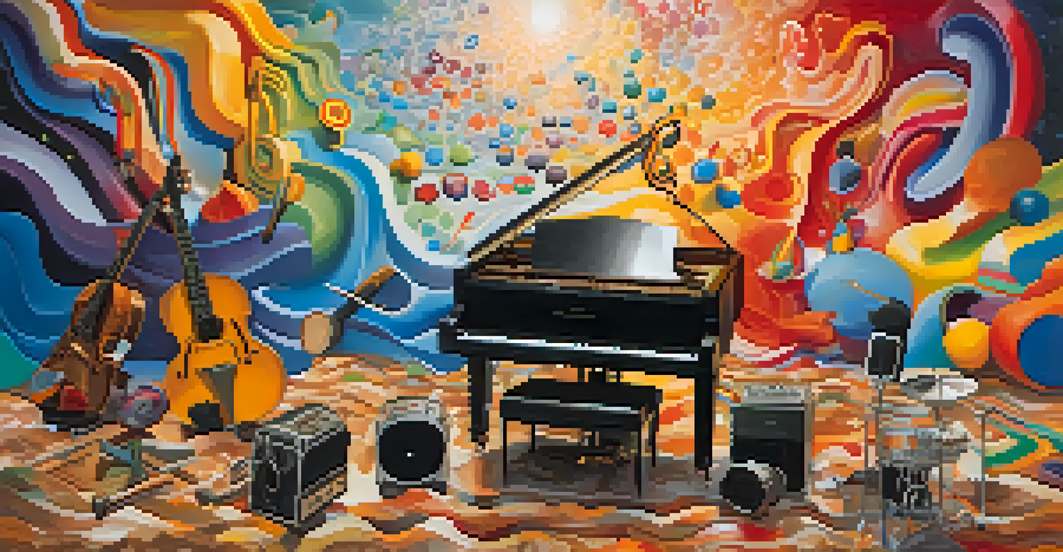 An abstract illustration showing vibrant waves of color from musical instruments, with shapes and patterns symbolizing emotional landscapes.