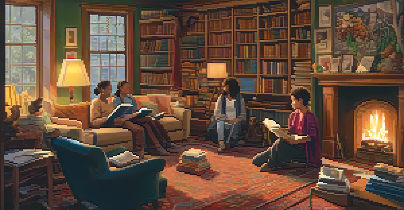 A warm room with a fire, where diverse individuals share stories and create art.