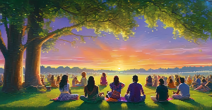 A peaceful outdoor music festival during sunset, with colorful skies and people enjoying the music on the grass.