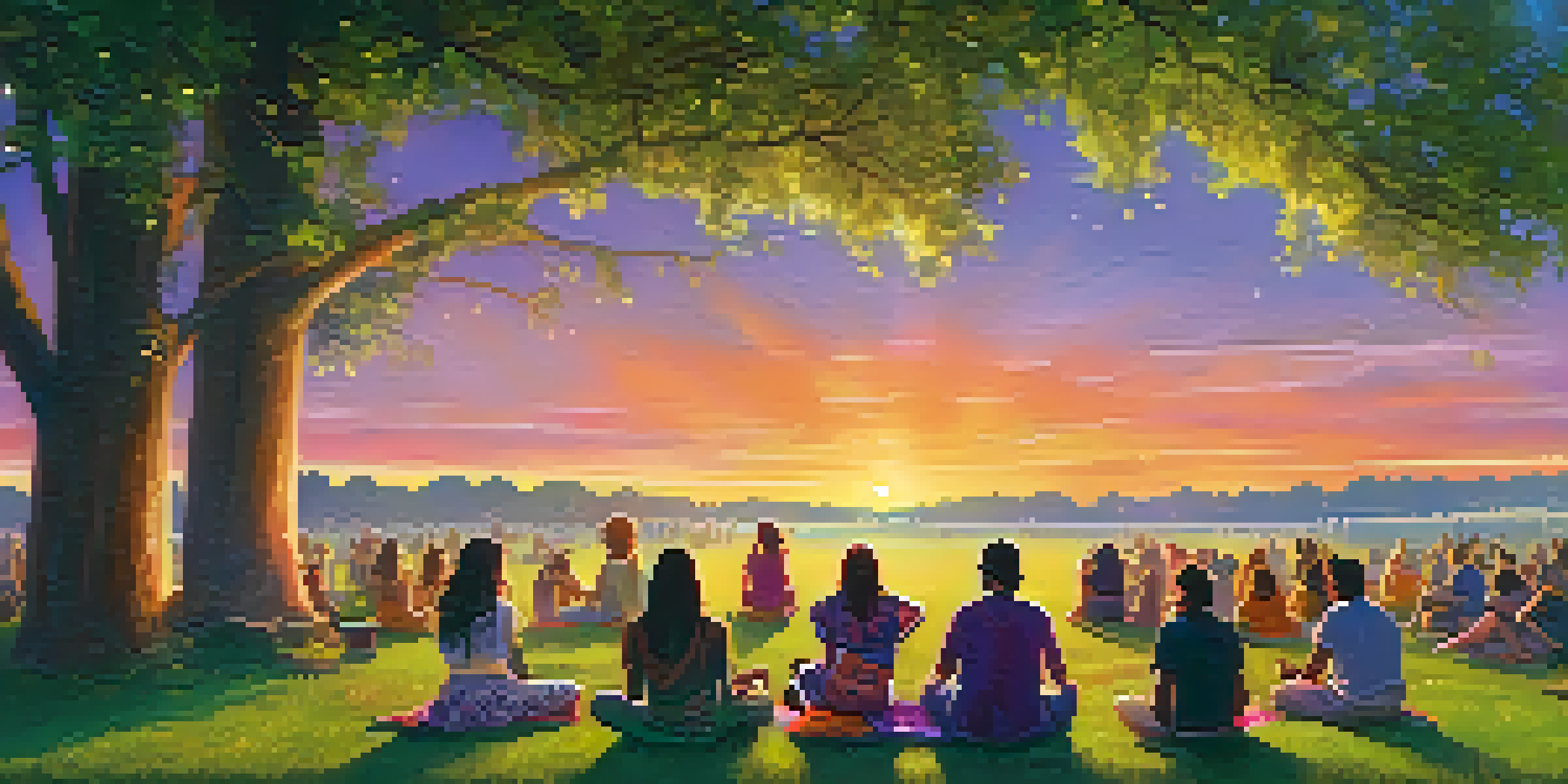 A peaceful outdoor music festival during sunset, with colorful skies and people enjoying the music on the grass.