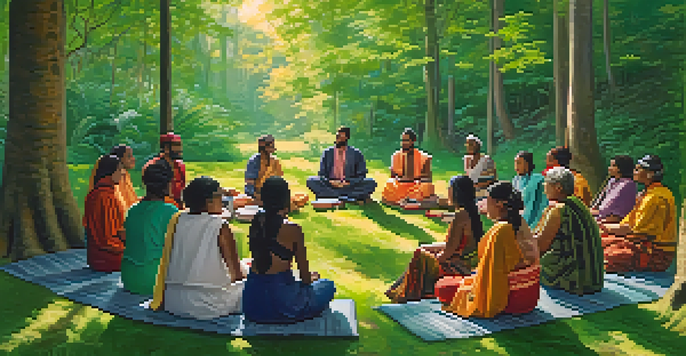 A diverse group of people sitting in a circle in a forest, discussing and connecting with each other, surrounded by greenery and soft sunlight.