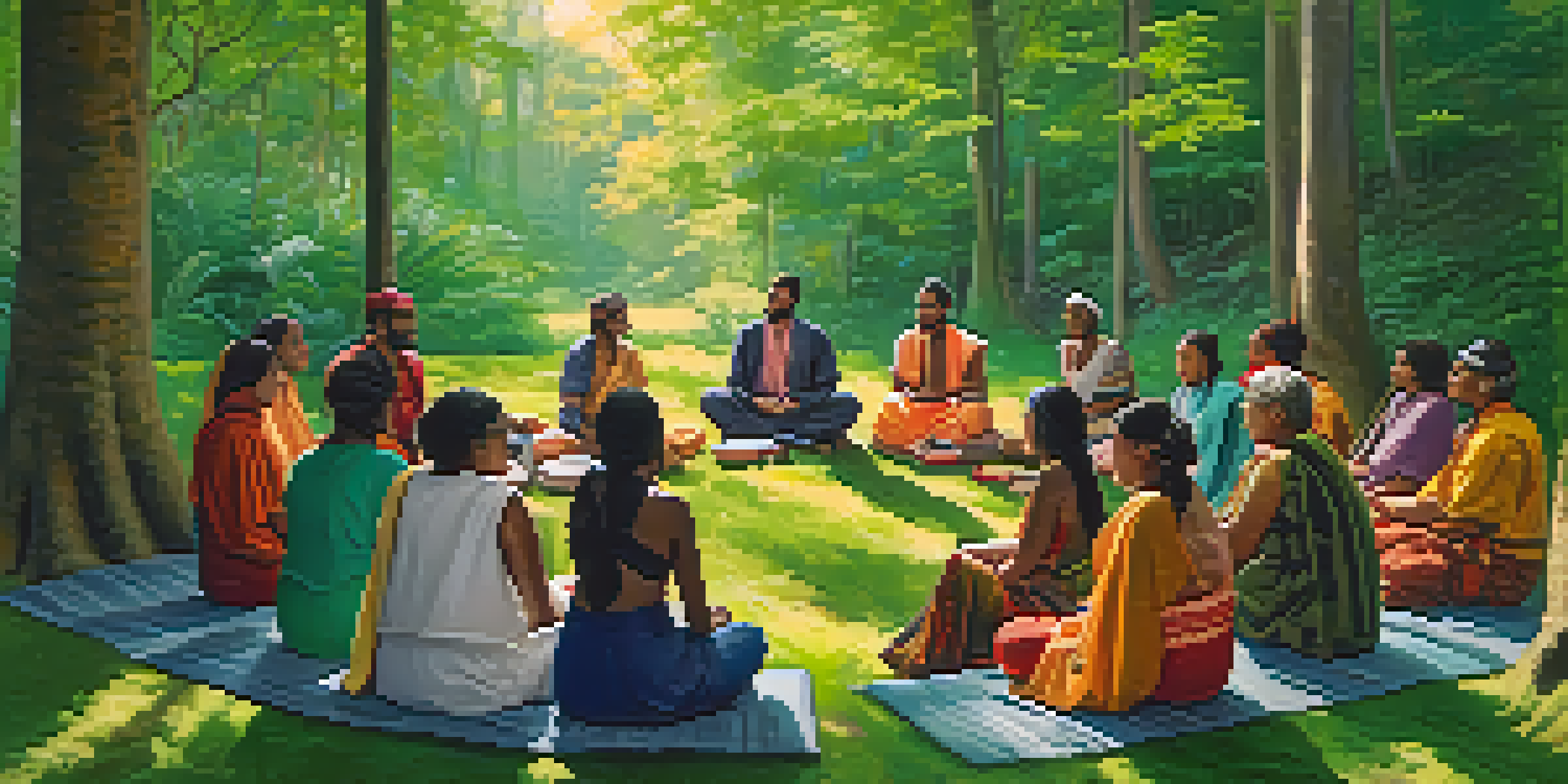 A diverse group of people sitting in a circle in a forest, discussing and connecting with each other, surrounded by greenery and soft sunlight.
