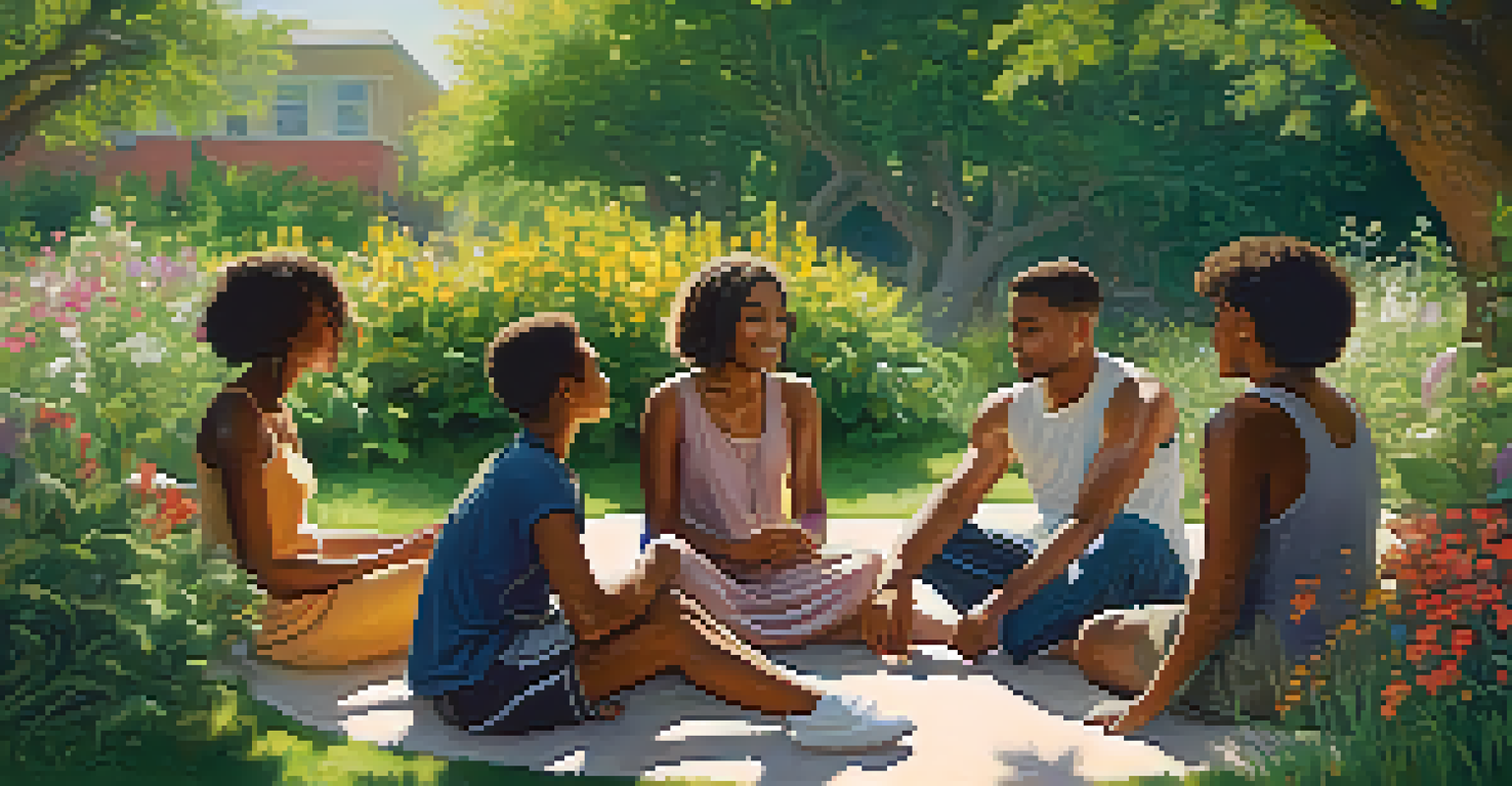 A diverse group of people in a sharing circle in a garden.