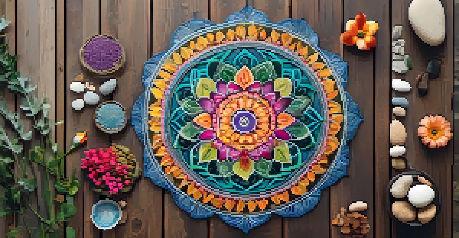 A colorful mandala made from flowers and leaves, arranged on a wooden surface, illuminated by soft lighting.
