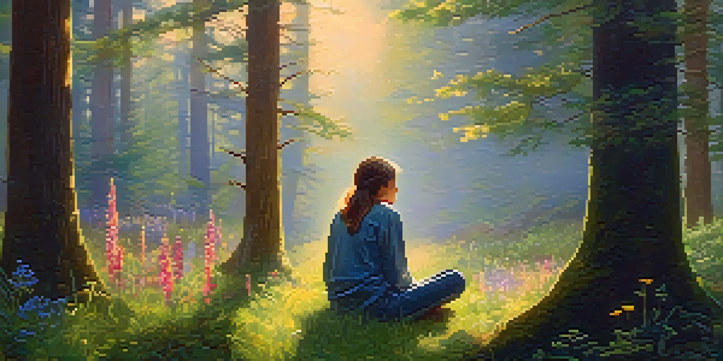 A person meditating in a forest clearing at dawn, surrounded by flowers and soft sunlight filtering through trees.