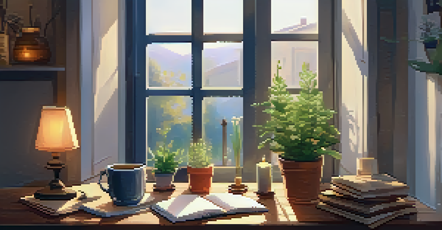 A person journaling in a cozy room with cushions, candles, and plants, creating a warm and inviting atmosphere for reflection.