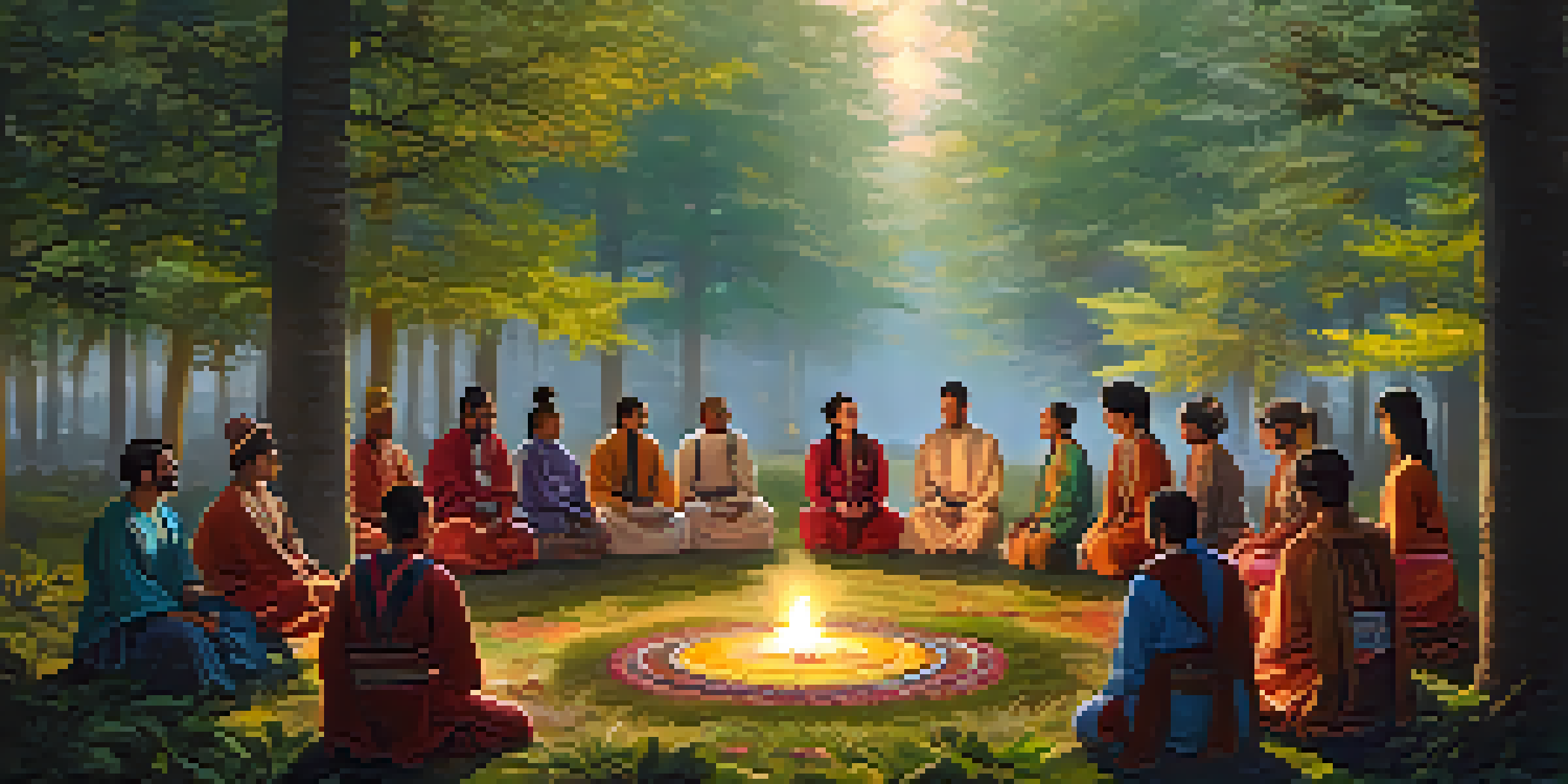 A peaceful forest with sunlight shining through trees, showing a diverse group of people in traditional attire participating in a spiritual ceremony.