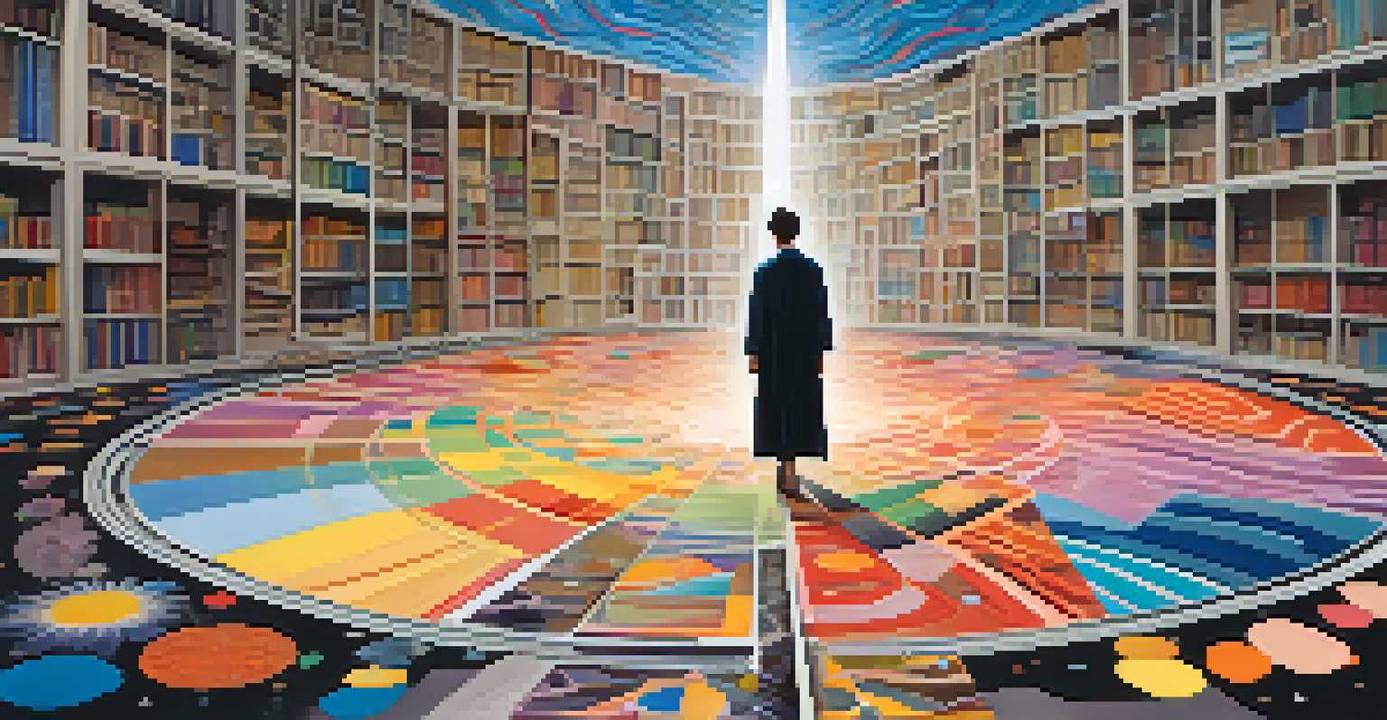 A person at a crossroads surrounded by colorful swirling paths symbolizing different life journeys.