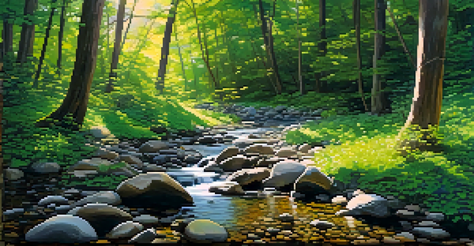A peaceful forest scene with sunlight, a stream, and colorful wildflowers.