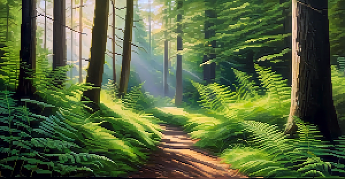 A peaceful forest path illuminated by soft morning light, surrounded by lush greenery and colorful wildflowers.