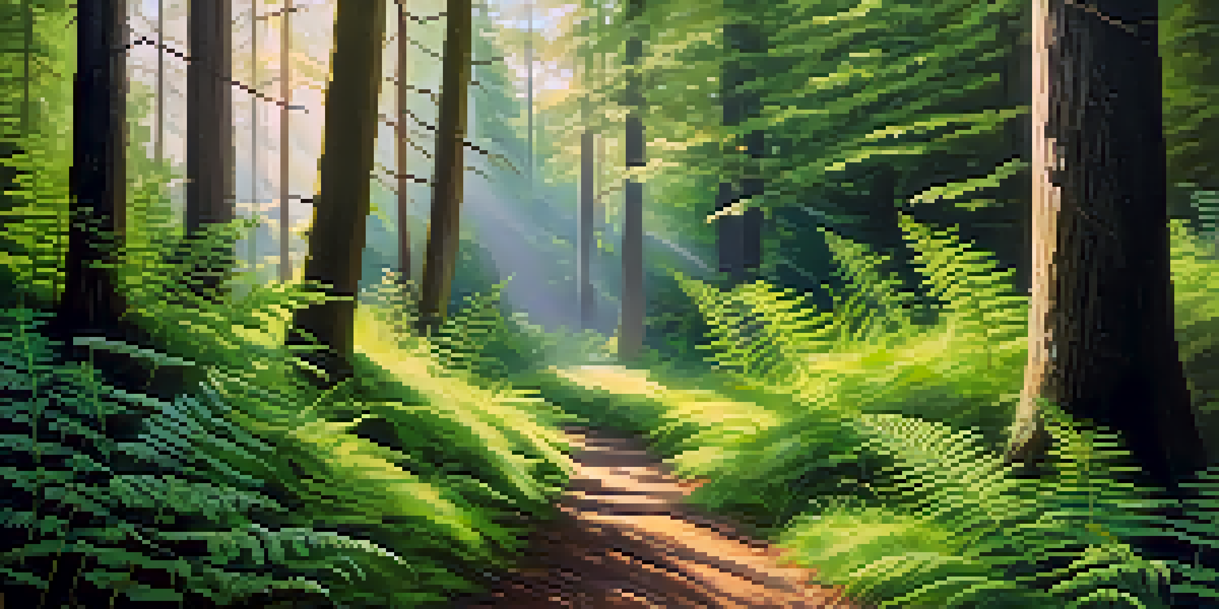 A peaceful forest path illuminated by soft morning light, surrounded by lush greenery and colorful wildflowers.