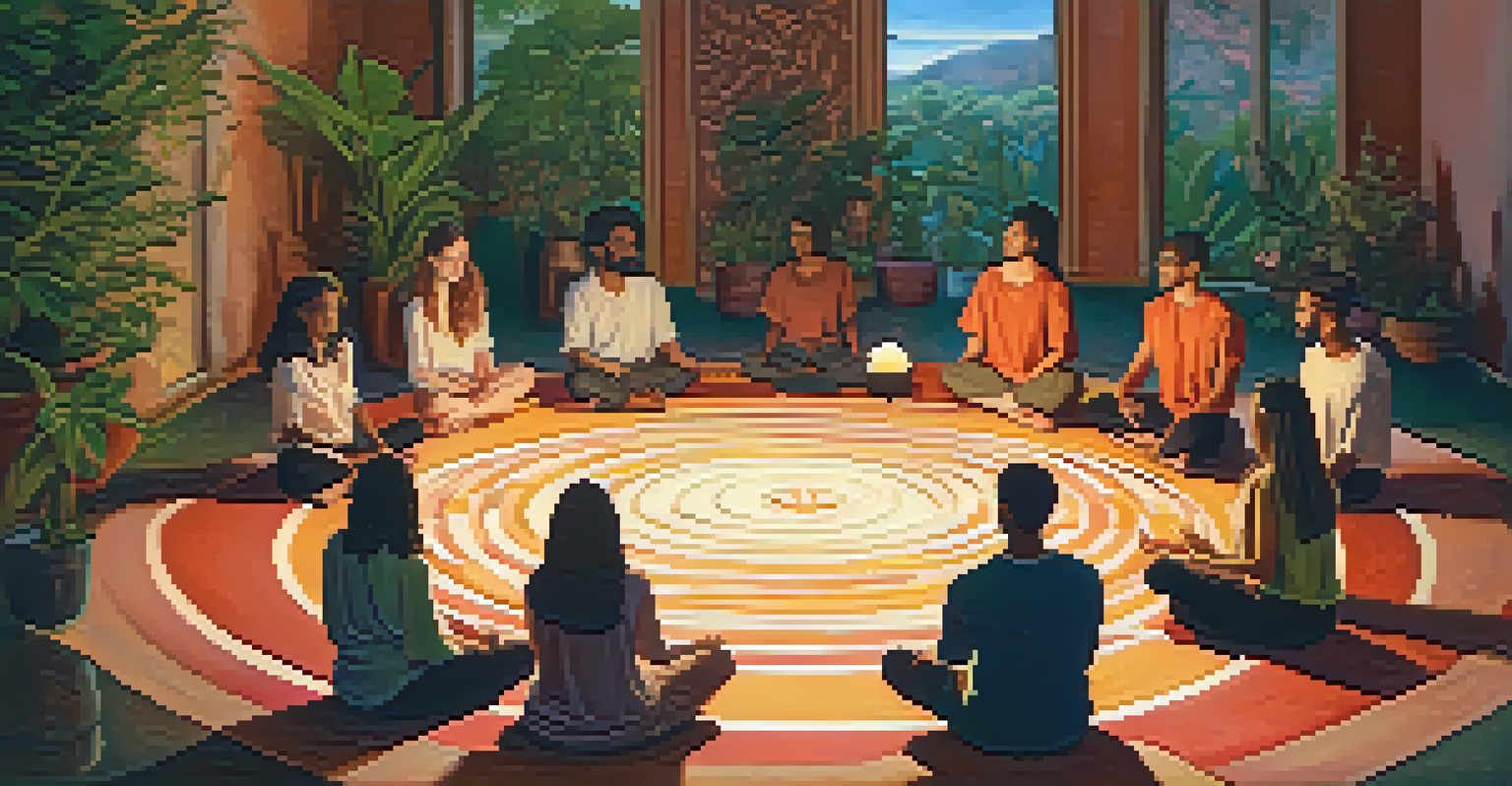 A group of individuals in a circle engaged in meditation with entheogens, surrounded by plants and soft light, creating a peaceful atmosphere.