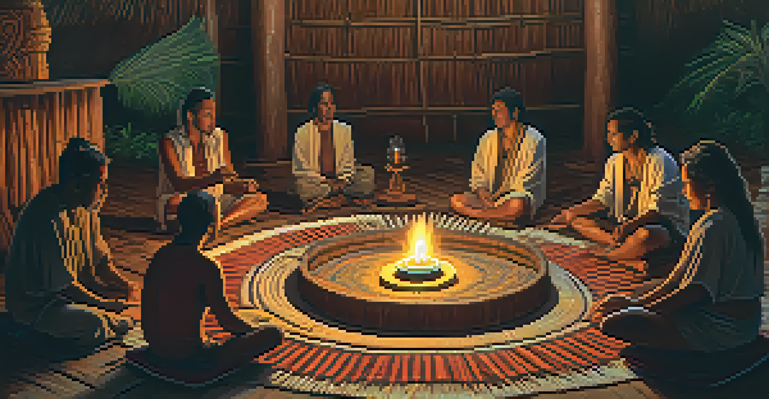 An intimate Ayahuasca ceremony in a wooden temple with participants seated in a circle and a shaman guiding them.
