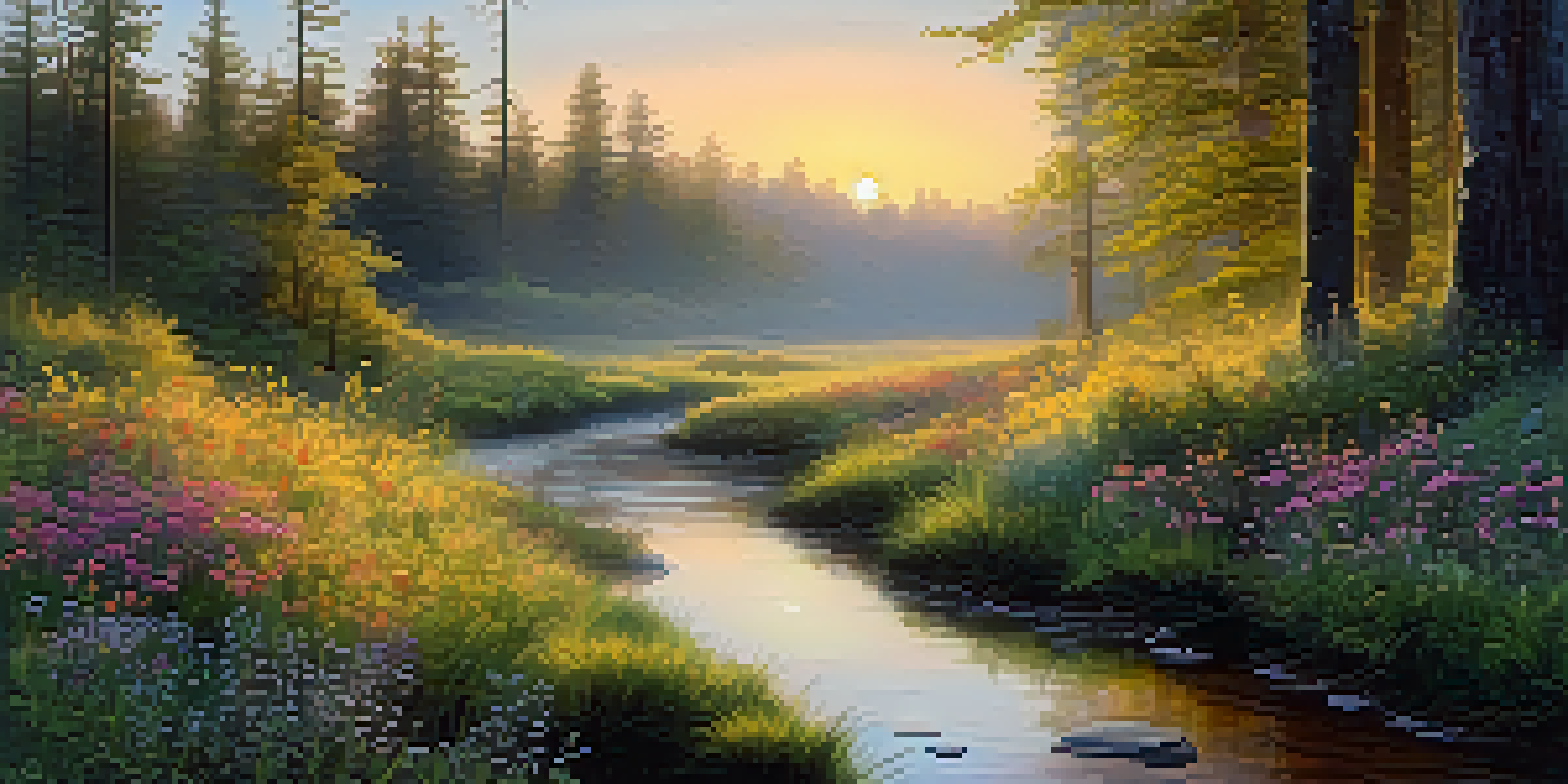A peaceful forest scene at sunrise, with golden light shining through trees and colorful wildflowers in the foreground.