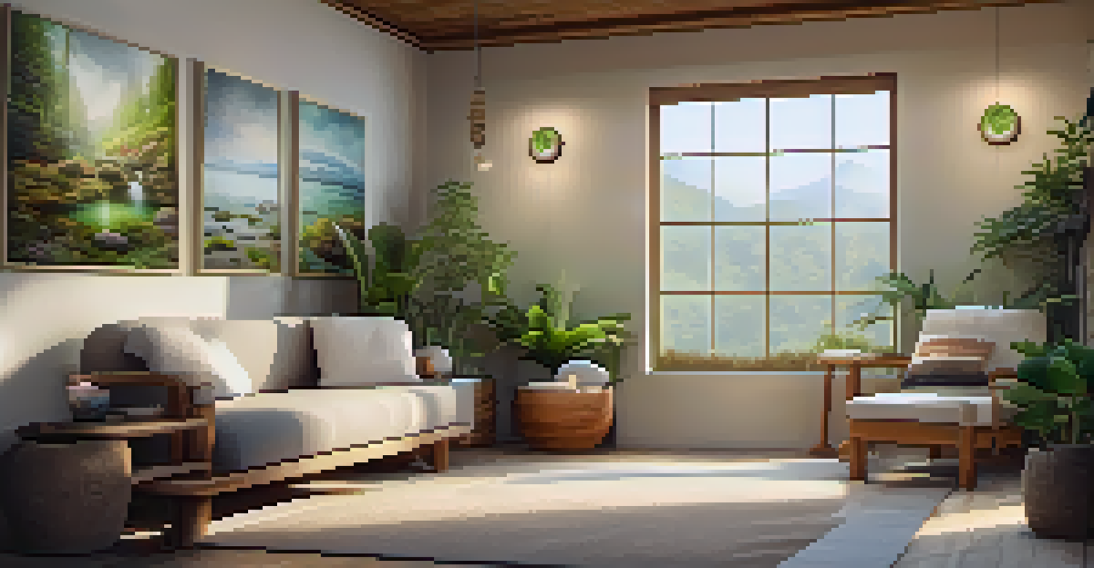 A cozy therapy room with cushions, soft lighting, and calming nature artwork, designed for healing.