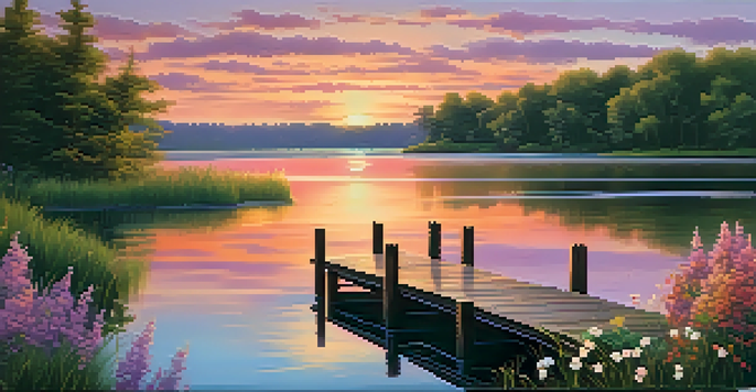 A tranquil lake at sunset with vibrant colors reflecting on the water, surrounded by greenery and a wooden dock.