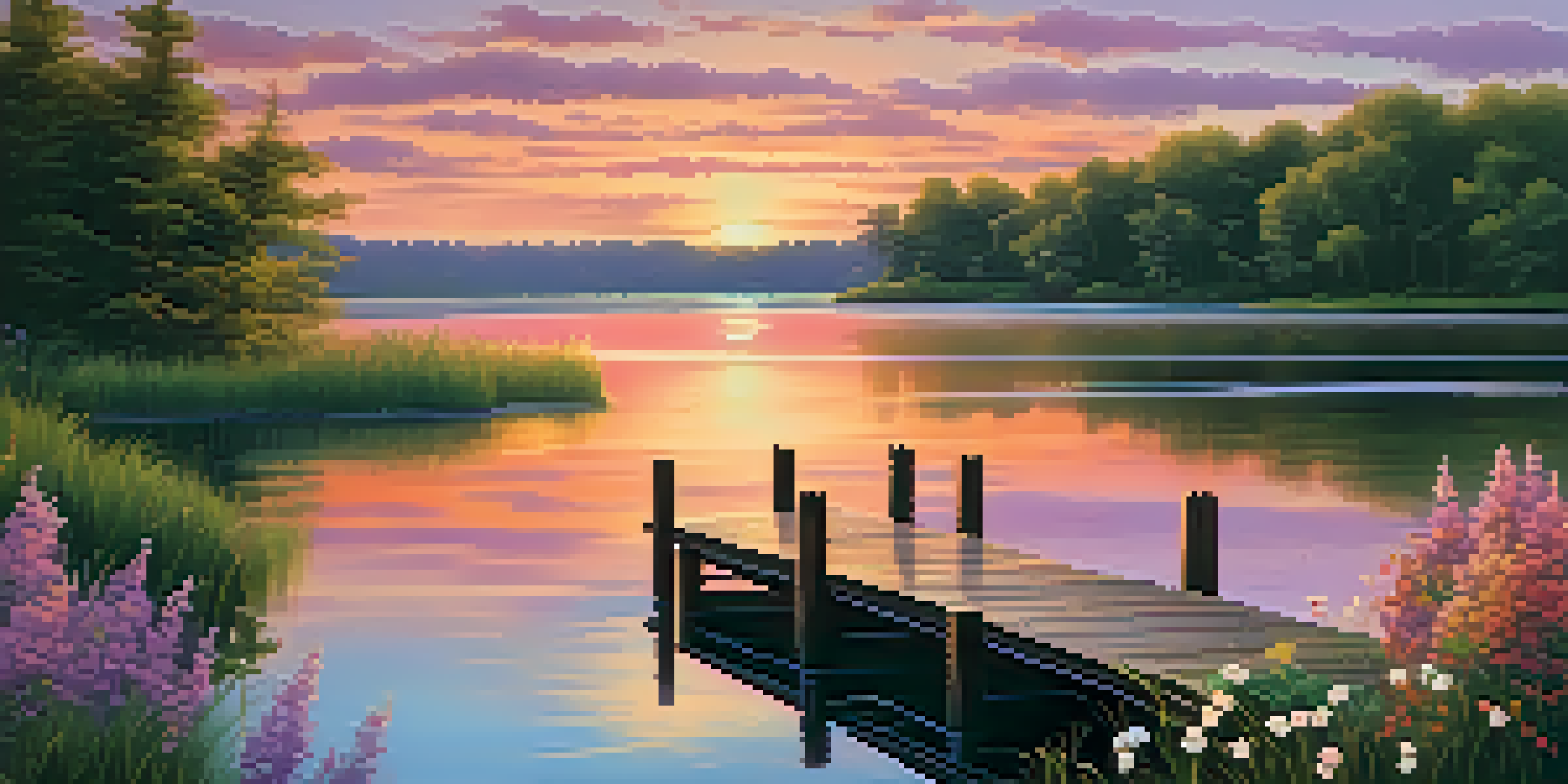A tranquil lake at sunset with vibrant colors reflecting on the water, surrounded by greenery and a wooden dock.