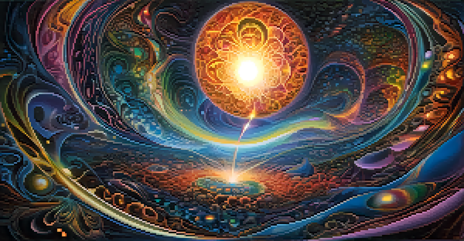 An abstract representation of a DMT experience with swirling colorful fractals and a central glowing orb, set against a dark background.
