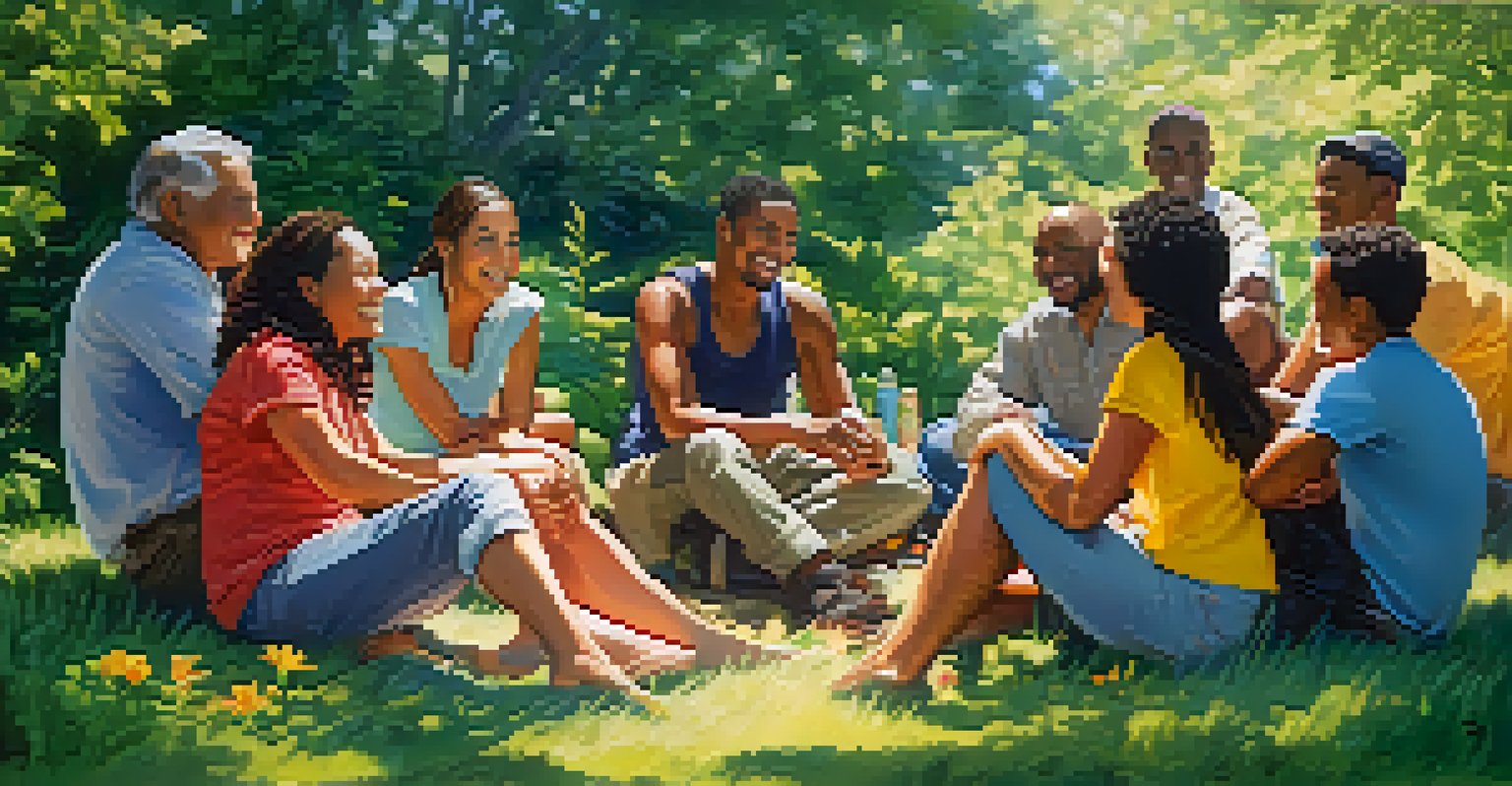 A diverse group of people sitting in a circle outdoors, sharing experiences and smiles in a natural setting.