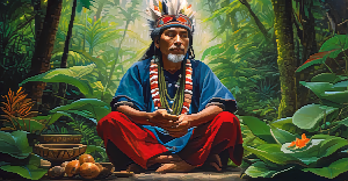 An ancient shaman meditating in the Amazon rainforest, surrounded by lush plants and softly filtered sunlight.