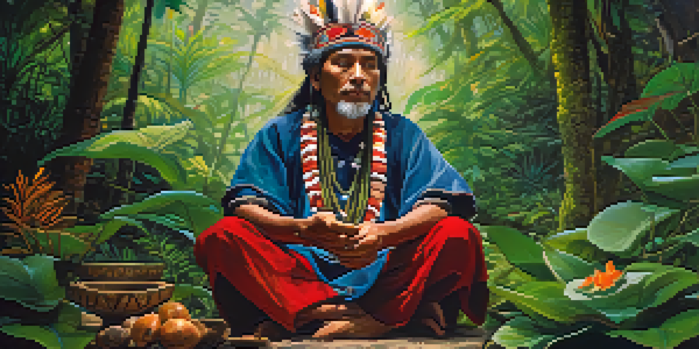 An ancient shaman meditating in the Amazon rainforest, surrounded by lush plants and softly filtered sunlight.