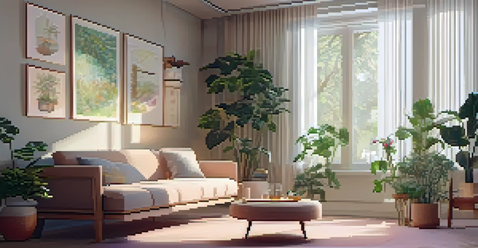 A cozy therapy room with soft lighting, plants, and a couch, creating a calming atmosphere for therapy sessions.